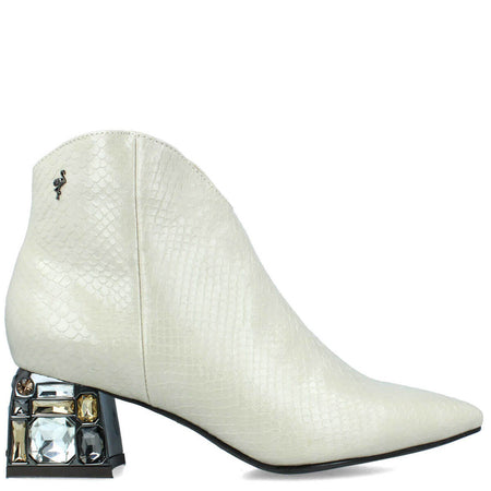 Menbur White Jewelled Heel Ankle Boots