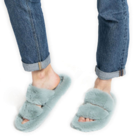 Miss Sparrow Double Strap Faux Fur Slippers - Duck Egg