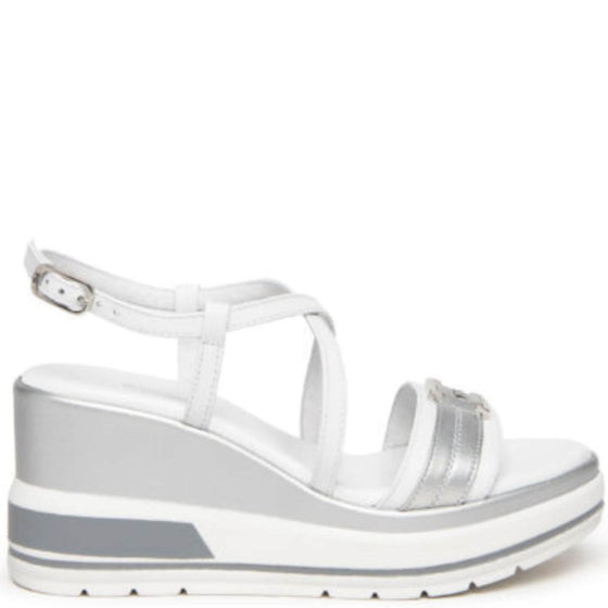 NeroGiardini Silver Leather Crossover Wedge Sandals