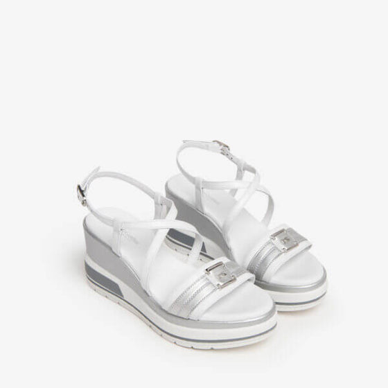 NeroGiardini Silver Leather Crossover Wedge Sandals