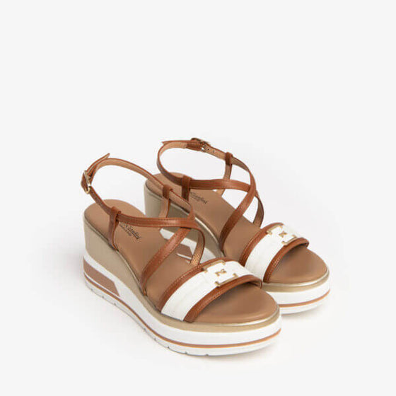 NeroGiardini Tan Leather Crossover Wedge Sandals