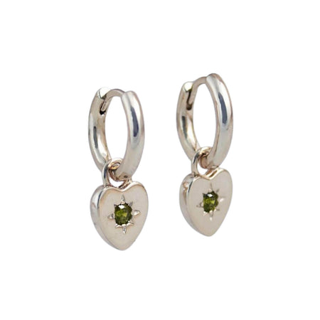 Peridot Heart Charm Earrings - Silver