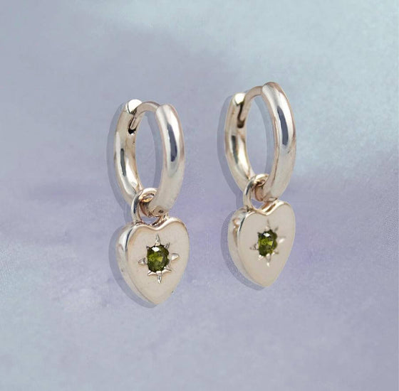 Peridot Heart Charm Earrings - Silver