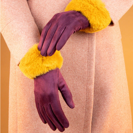 Powder Bettina Faux Fur Gloves - Damson Mustard