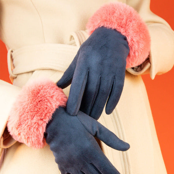 Powder Bettina Faux Fur Gloves - Navy Rose