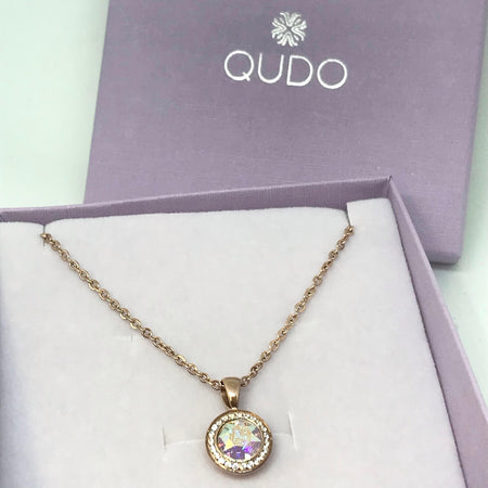 Qudo Tondo Deluxe Pendant Rose Gold Necklace - Crystal Aurora Boreale