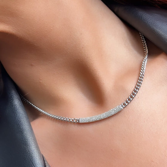 Rebecca Jolie Diamond Dust Bar Pendant Silver Curb Chain Necklace