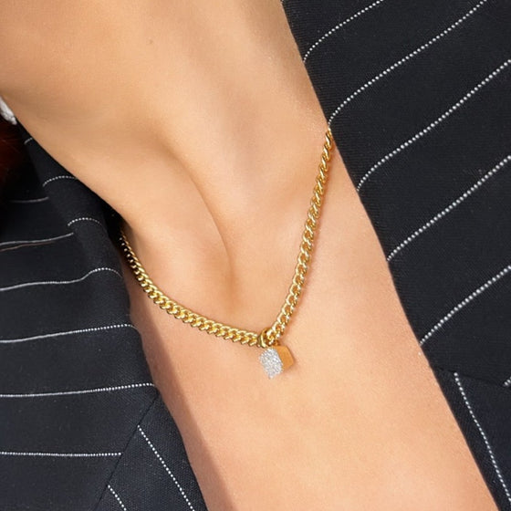 Rebecca Jolie Diamond Dust Round Pendant Gold Curb Chain Necklace