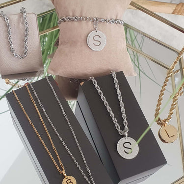 Rebecca My World Silver Large Initial & Twisted Rope Chain Necklace