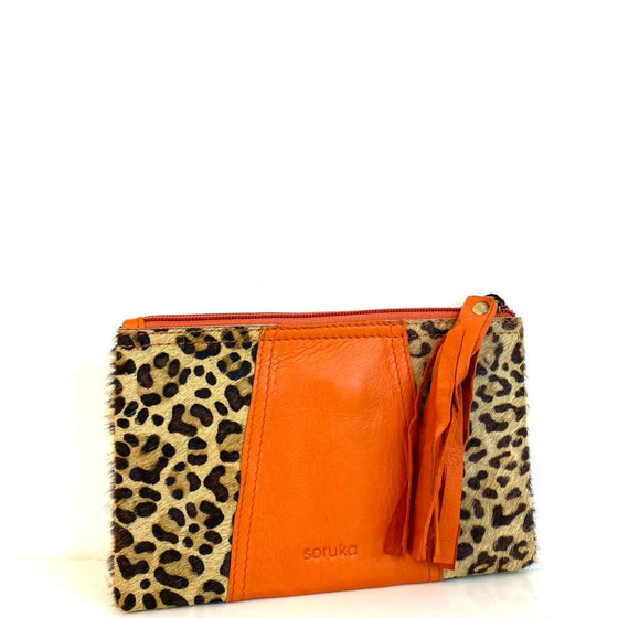 Soruka Carly Leather Tassel Pouch - Orange Leopard