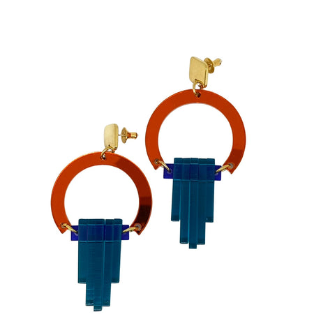 TooLally Art Deco Chandeliers Earrings - Orange & Blue