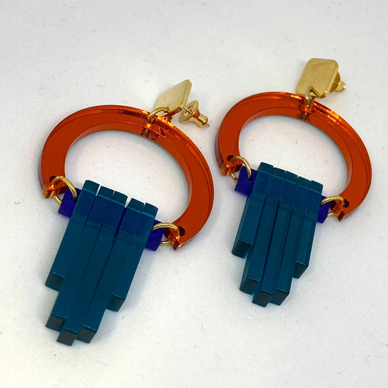 TooLally Art Deco Chandeliers Earrings - Orange & Blue