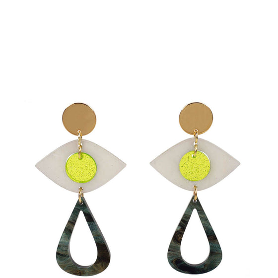 TooLally Eye Motif Drop Earrings - Yellow & Green