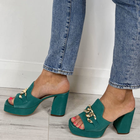 Unisa Oberon Green Suede Leather Chunky Mules