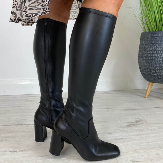 Unisa Ulric Black Leather Square Toe Long Length Boots
