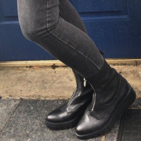 Wonders Black Leather Front Zip Boots