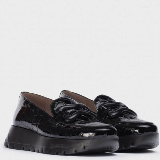 Wonders Black Patent Leather Slip On Wedge Shoes