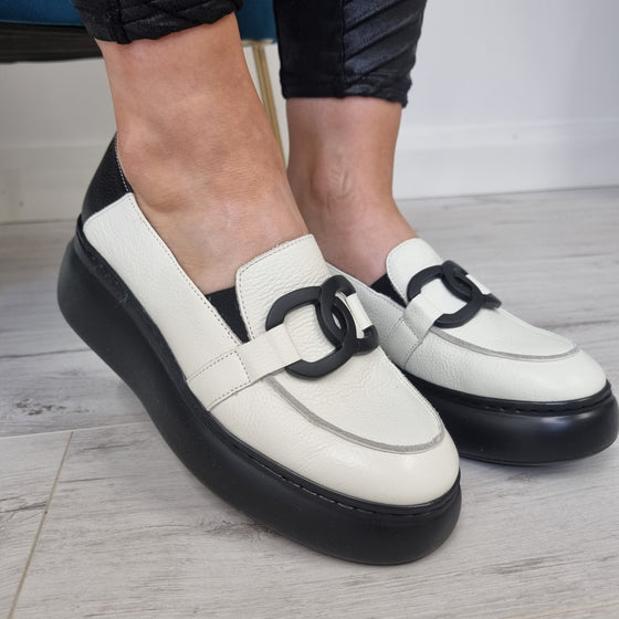 Wonders Cream Leather Slip On Wedge Shoes