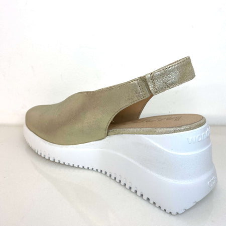 Wonders Gold Leather Sling Back Wedge Shoes