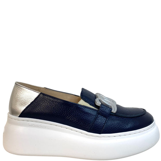Wonders Navy Silver Leather Slip On Wedge Shoes