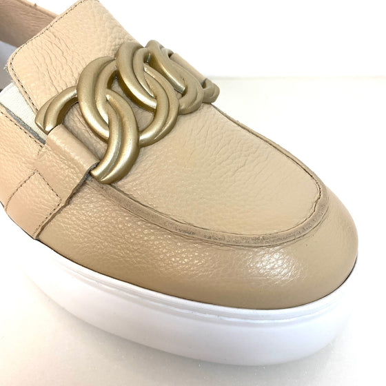 Wonders Nude Gold Leather Slip On Wedge Shoes