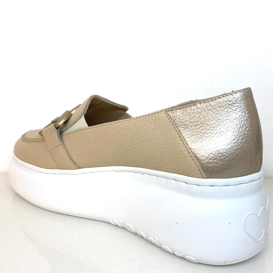 Wonders Nude Gold Leather Slip On Wedge Shoes