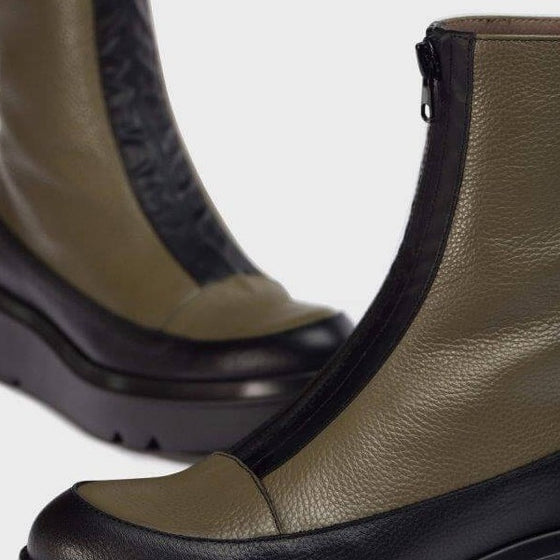 Wonders Olive Leather Front Zip Sneaker Boots
