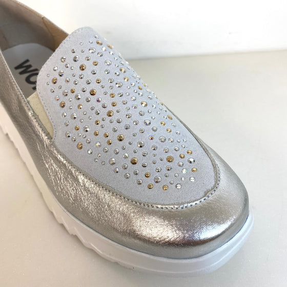 Wonders Silver Leather Sparkly Slip On Shoes
