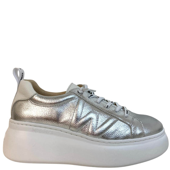 Wonders Silver Leather Brand Lace Sneakers