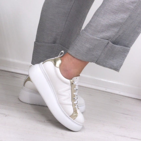 Wonders White & Gold Leather Brand Lace Sneakers