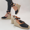XTI Black Ankle Tie Wedge Shoes