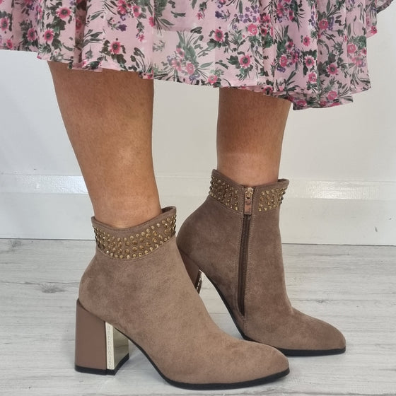 XTI Taupe Block Heel Suede Ankle Boots